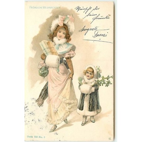n°12074 - Fröhliche Weihnachten - Jeune Femme et fillette apportant des cadeaux