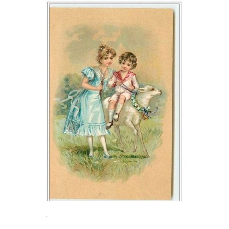 n°4089 - Carte Gaufrée - Jeune Garçon assis sur un mouton et fillette
