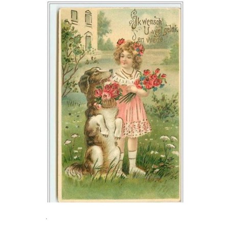 n°4090 - Carte Gaufrée - Fillette avec un chien faisant le beau