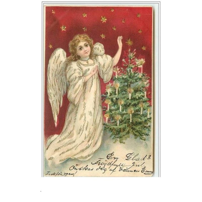 n°4132 - Carte légèrement Gaufrée - Ange devant un sapin, fond rouge.