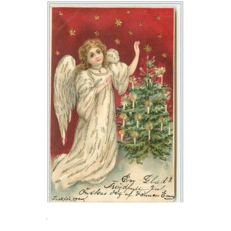 n°4132 - Carte légèrement Gaufrée - Ange devant un sapin, fond rouge.