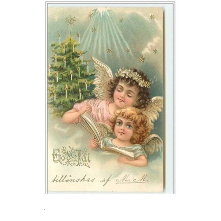 n°4133 - Carte légèrement Gaufrée - God Jul - Deux anges lisant un livre