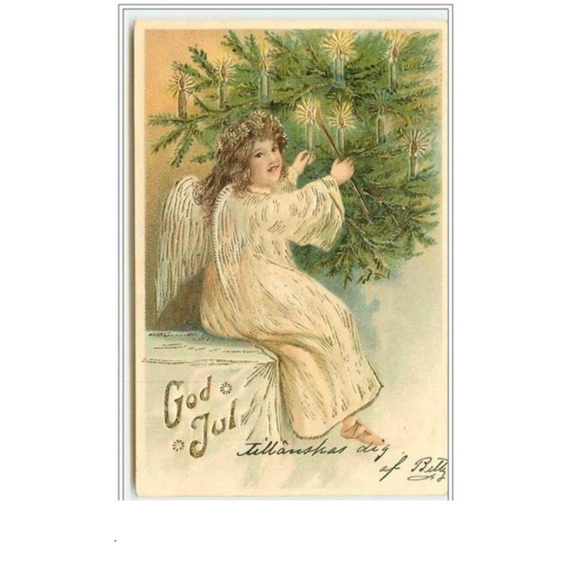 n°4135 - Carte légèrement Gaufrée - God Jul - Ange allumant des bougies dans un sapin
