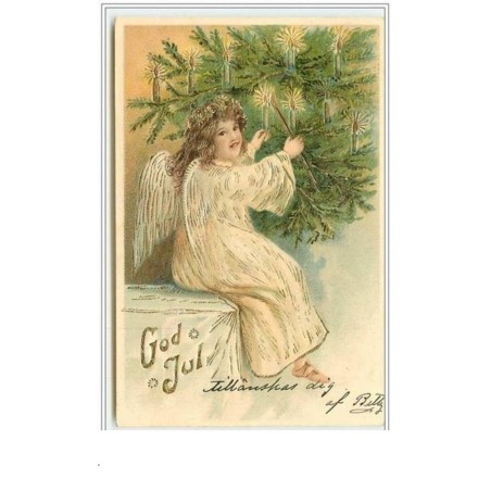 n°4135 - Carte légèrement Gaufrée - God Jul - Ange allumant des bougies dans un sapin