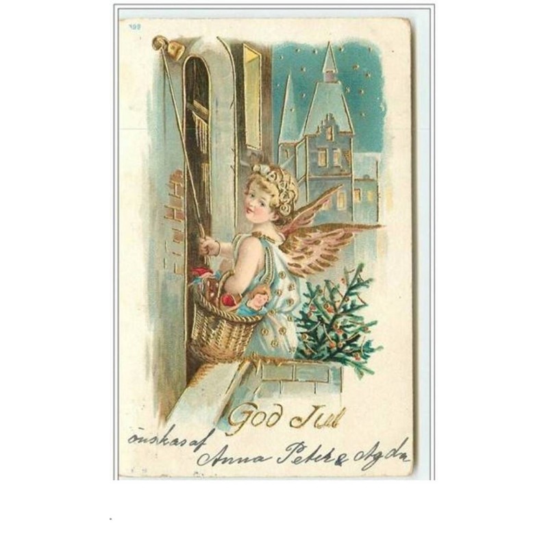 n°4136 - Carte légèrement Gaufrée - God Jul - Ange sonnant à une porte