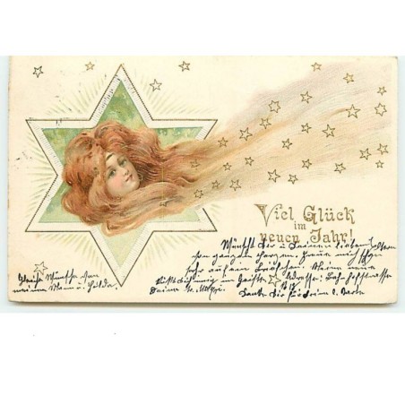 n°12084 - Carte Gaufrée - Viel Glück im neuen Jahr - Portrait d'une jeune femme dans une étoile
