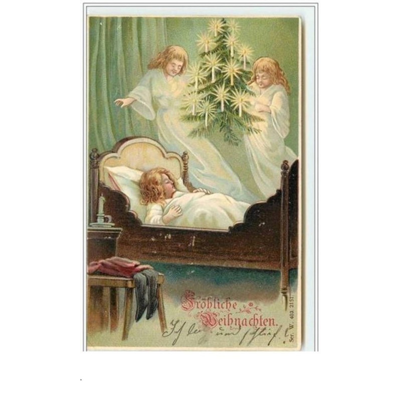 n°4186 - Carte Gaufrée - Fröhliche Weihnachten - Anges avec un sapin au dessus du lit d'une petite fille