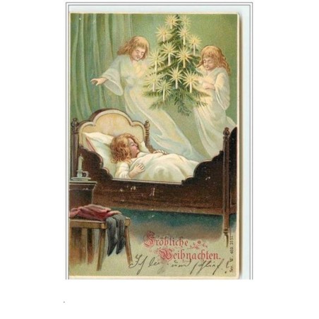 n°4186 - Carte Gaufrée - Fröhliche Weihnachten - Anges avec un sapin au dessus du lit d'une petite fille