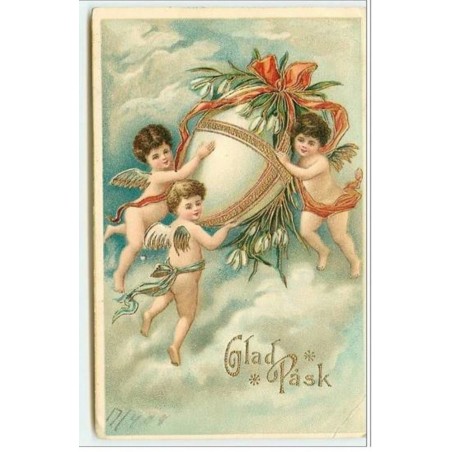 n°4246 - Carte Gaufrée - Glad Pask - Trois Angelots avec un oeuf