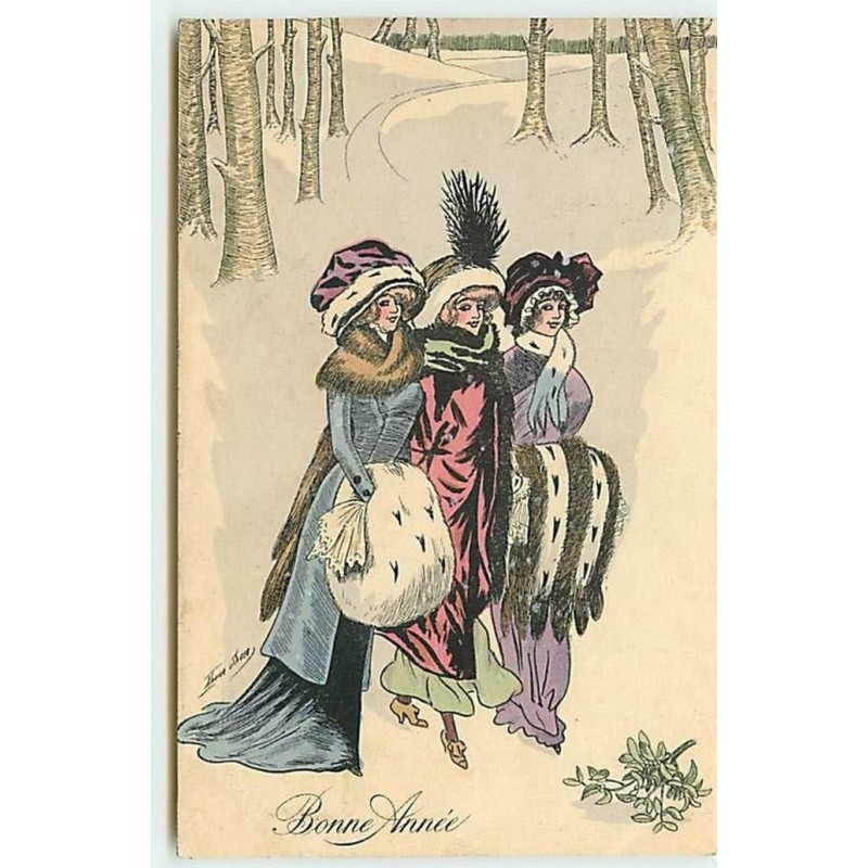 n°4254 - Xavier Sager - Bonne Année - Trois femmes avec manchons dans la forêt