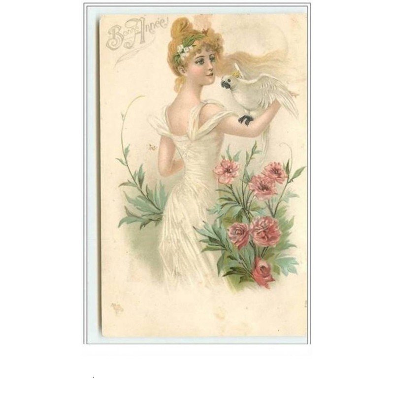 n°428 - Carte Gaufrée - Bonne Année - Femme avec un Perroquet