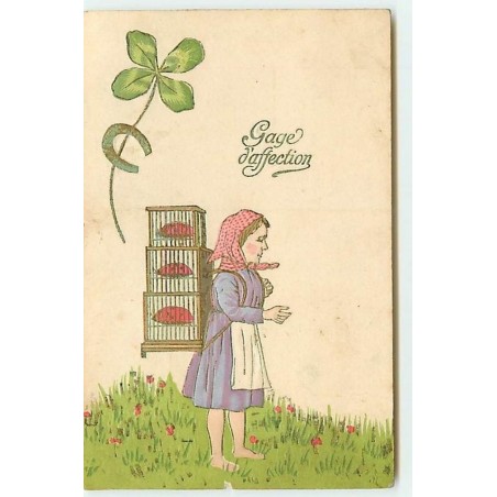 n°12093 - Carte Gaufrée - Gage d'Affection - Femme portant dans le dos une cage avec des coccinelles