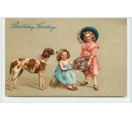 n°432 - Carte Gaufrée - Birthday Greetings - Fillettes et chien
