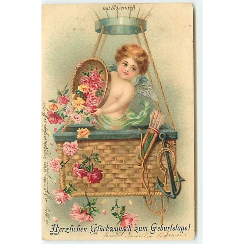 n°12097 - Herzlichen Glückwunsch zum Geburtstage - Cupidon lançant des fleurs d'une nacelle de ballon
