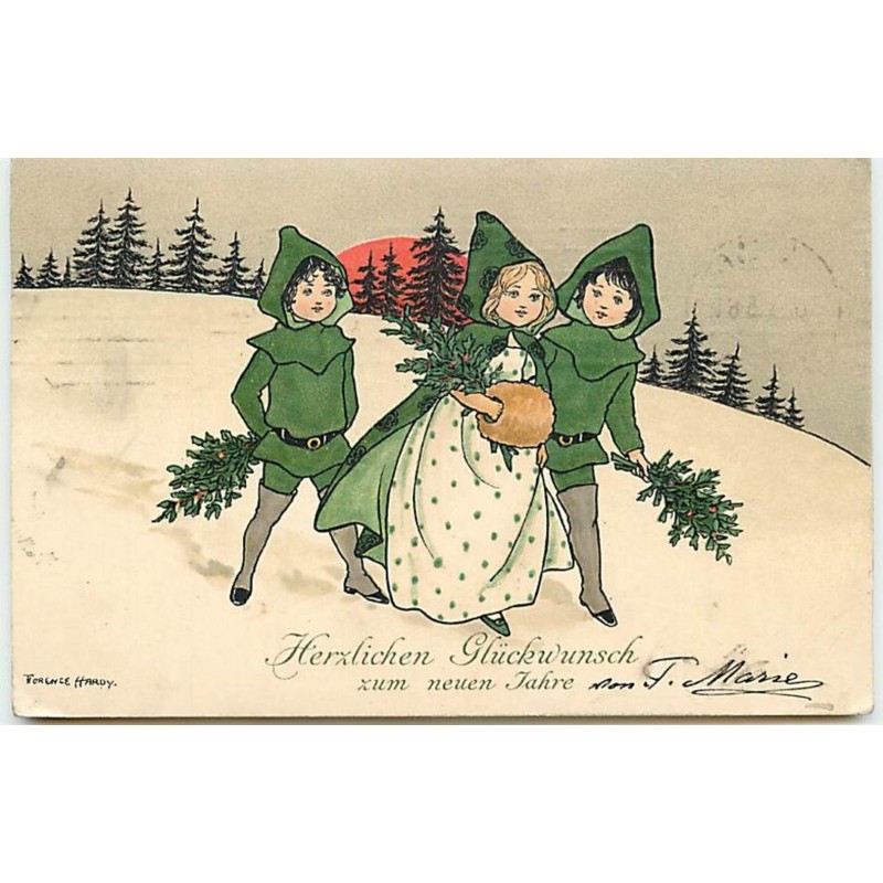 n°4336 - Florence Hardy - Enfants habillés de vert dans un paysage hivernal