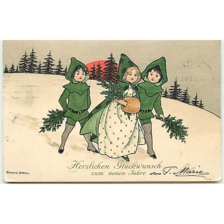 n°4336 - Florence Hardy - Enfants habillés de vert dans un paysage hivernal