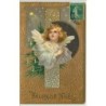 n°4344 - Carte Gaufrée - Heureux Noël - Angelot sur fond doré - Clapsaddle