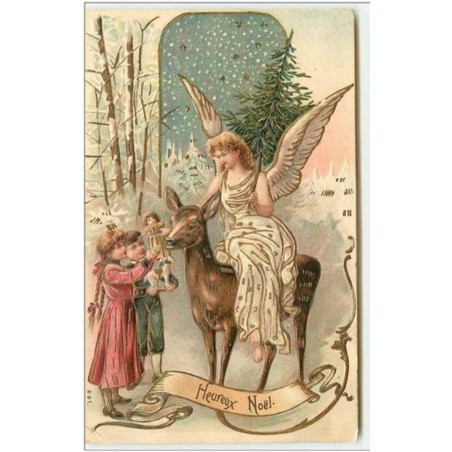 n°4346 - Carte Gaufrée - Heureux Noël - Ange sur une biche, enfants