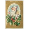 n°4349 - Carte Gaufrée - A Mery Christmas - Père Noël dans un médaillon sur fond doré