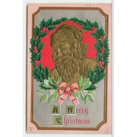 n°4350 - Carte Gaufrée - A Mery Christmas - Père Noël doré dans une couronne de houx