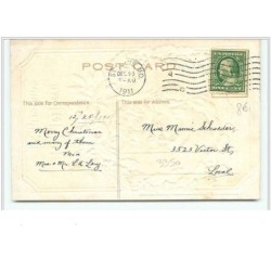 n°4350 - Carte Gaufrée - A Mery Christmas - Père Noël doré dans une couronne de houx