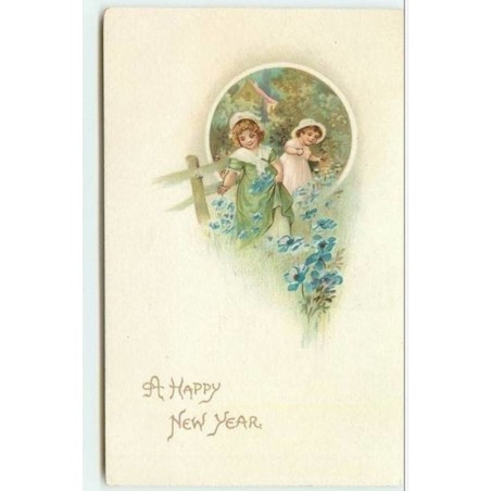 n°4357 - Carte Gaufrée - A Happy New Year - Enfants - Fleurs bleus