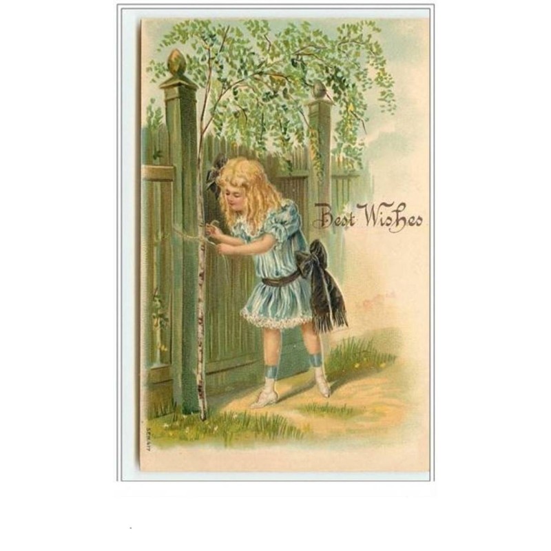 n°438 - Carte Gaufrée - Fillette attachant un arbuste