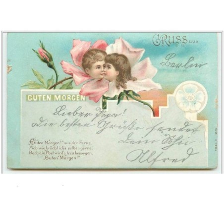 n°4381 - Gruss Aus - Guten Morgen - Têtes d'enfants dans es fleurs - surréalisme