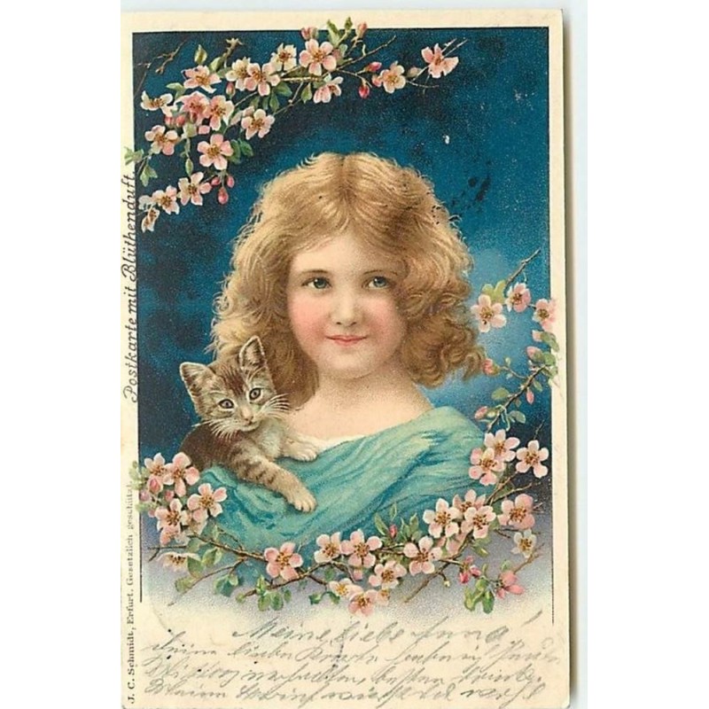 n°12099 - Jeune fille câlinant un chat - J.C. Schmidt