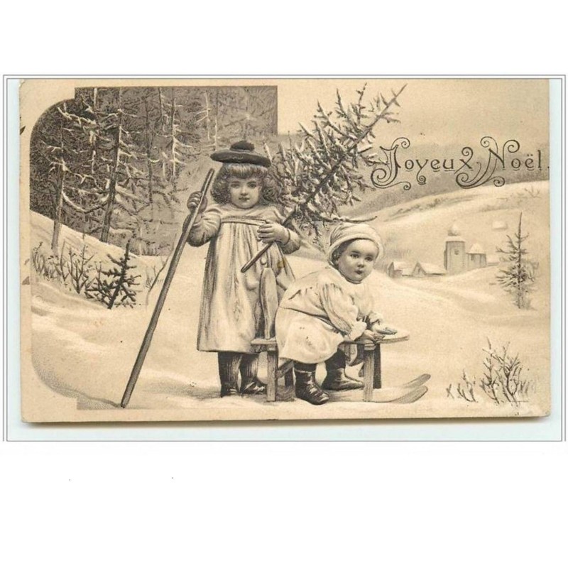 n°482 - Carte Gaufrée - Joyeux Noël - Enfants avec une luge