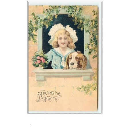 n°499 - Carte Gaufrée - Heureuse Fête - Fillette et son chien