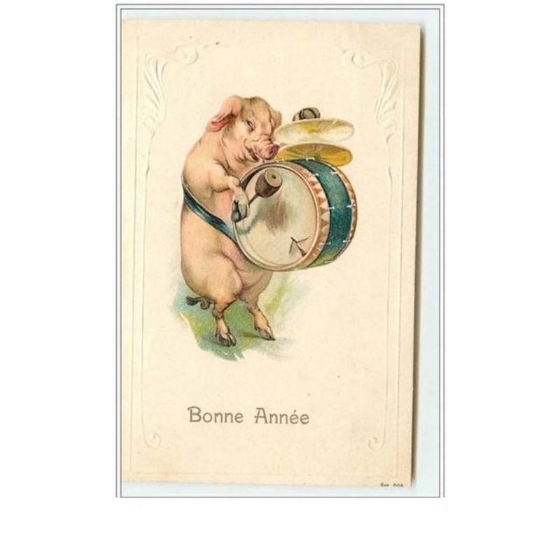 n°5033 - Carte Gaufrée - Bonne Année - Cochon avec une grosse caisse