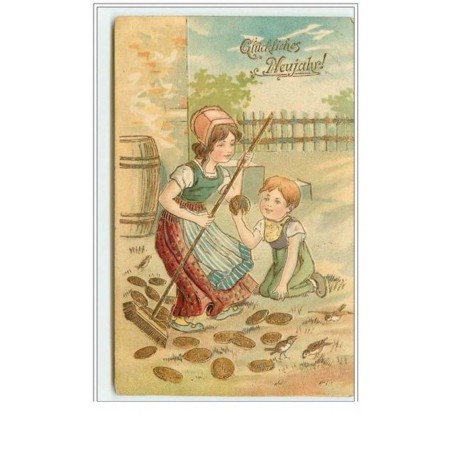 n°5036 - Carte Gaufrée - Gluckliches Neujahr - Fillette balayant des pièces d'or