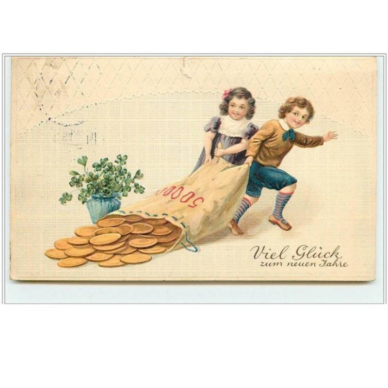 n°5037 - Carte Gaufrée - Viel Gluck zum neuen Jahre - Enfants avec un sac de pièces d'or