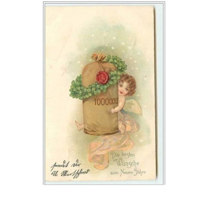 n°5039 - Carte Gaufrée - Die besten Wunsche zum Neuen Jahre - Angelot avec un sac de pièces