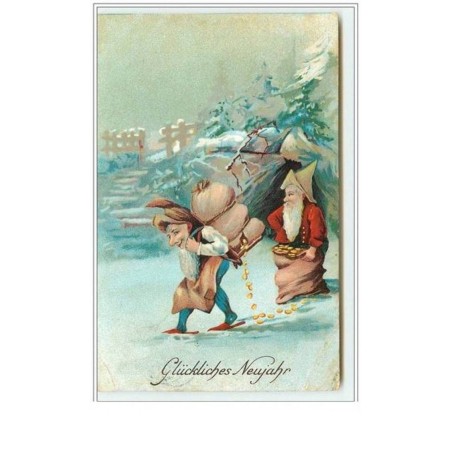 n°5040 - Gliückliches Neujahr - Nains, lutins avec des sacs de pièces d'or