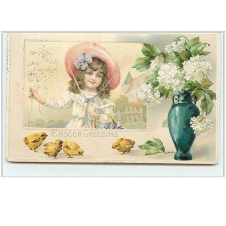 n°5047 - Carte  Gaufrée - Easter Greeting - Fillette avec des poussins