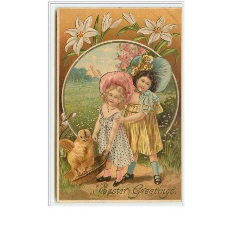 n°5075 -  Carte Gaufrée - Easter Greetings - Enfants et poussin dans une corbeille