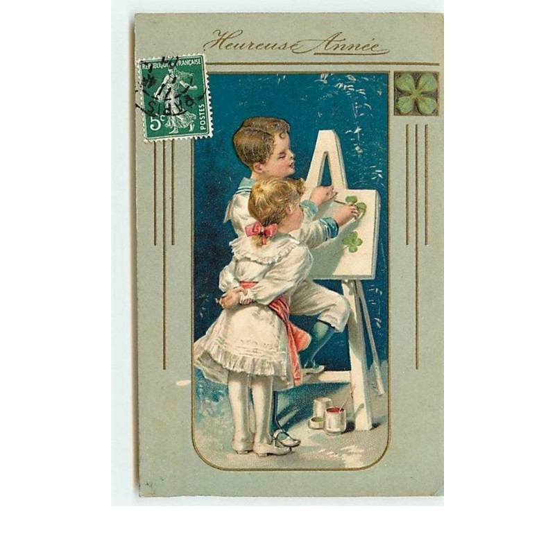 n°5140 - Carte Gaufrée - Heureuse Année -Enfants peignant des trèfles