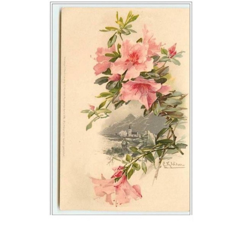 n°5177 - Catharina Klein - Fleurs rose et Paysage d'un village au bord d'un lac - Meissner amp  Buch