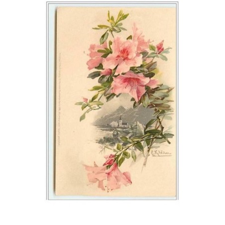 n°5177 - Catharina Klein - Fleurs rose et Paysage d'un village au bord d'un lac - Meissner amp  Buch