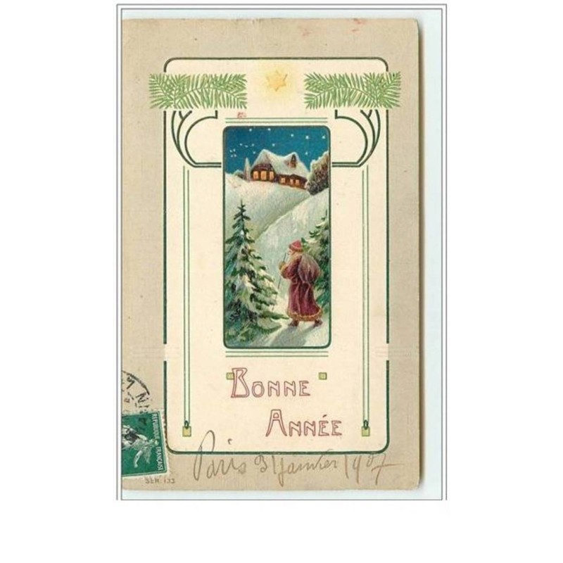 n°5189 - Carte Gaufrée - Bonne Année - Père Noël dans un paysage hivernal