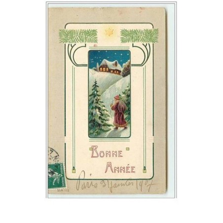 n°5189 - Carte Gaufrée - Bonne Année - Père Noël dans un paysage hivernal