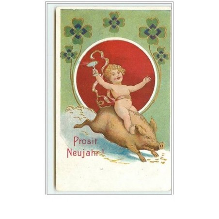 n°5192 - Carte légèrement Gaufrée - Prosit Neujahr - Enfants sur un cochon, sanglier