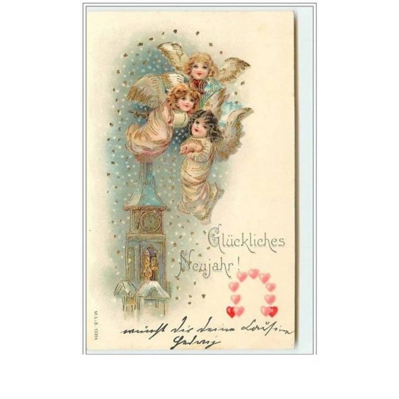 n°5193 - Carte  Gaufrée - Glückliches Neujahr - Angelots et clocher
