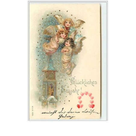 n°5193 - Carte  Gaufrée - Glückliches Neujahr - Angelots et clocher