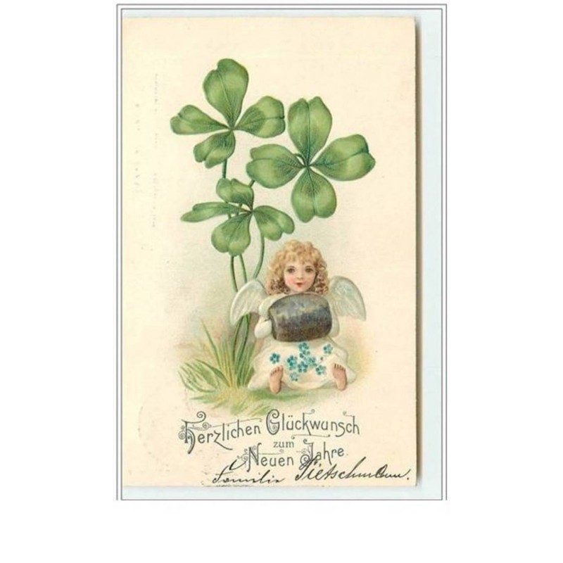 n°5194 - Carte  Gaufrée - Herzlichen Glückwunsch zum Neuen Jahre - Angelot et trèfle