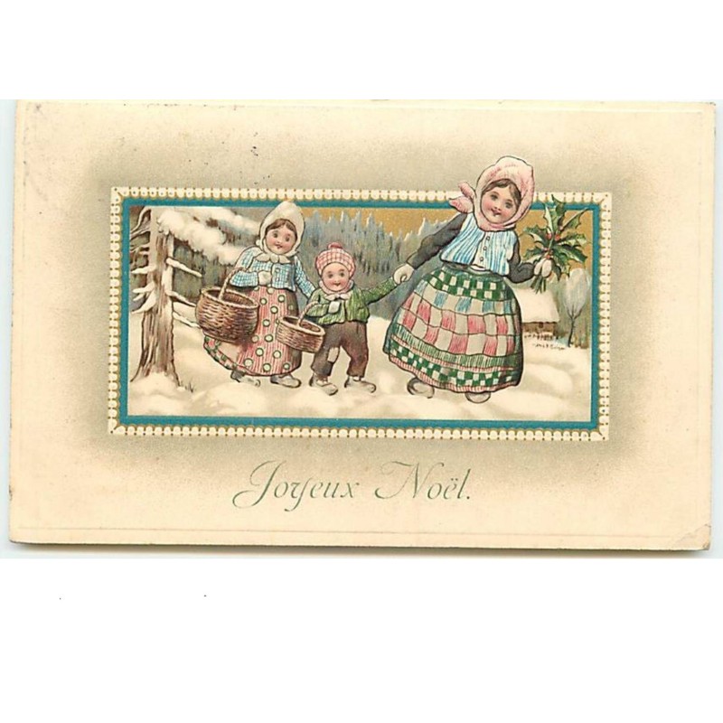 n°12120 - Carte Gaufrée - Joyeux Noël - Une Femme avec deux enfants