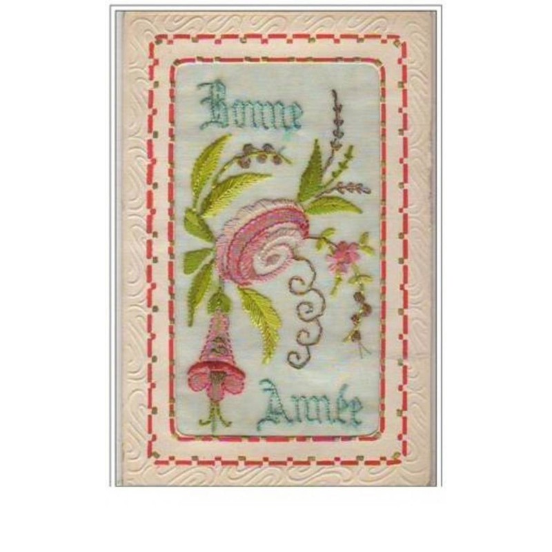 n°5259 - Carte Brodée - Bonne Année - Fleurs roses