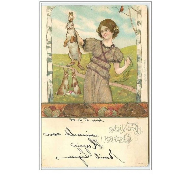 n°5297- Fröhliche Ostern - Femme tenant un lapin - Carte avec des perles
